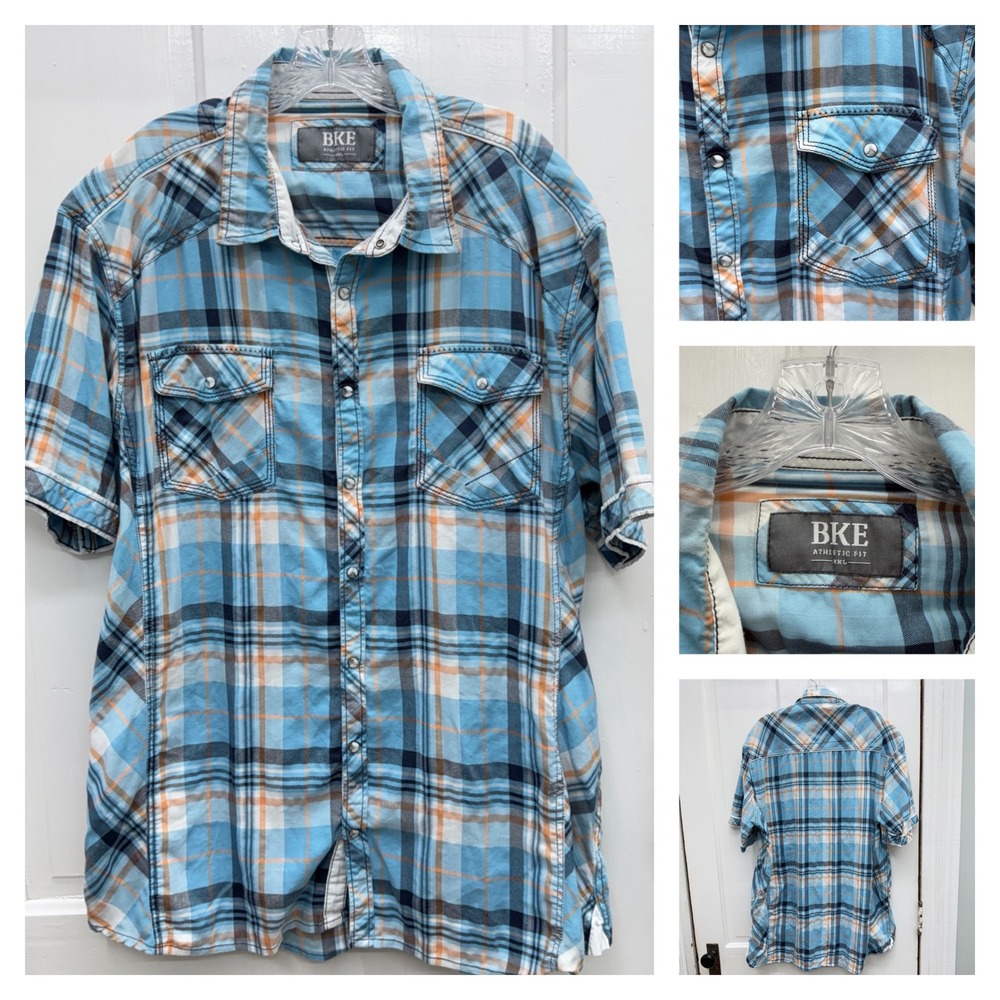 BKE Athletic Fit Plaid Pearl Snap Shirt Mens XXL Blue Orange Short Sleeve B2549